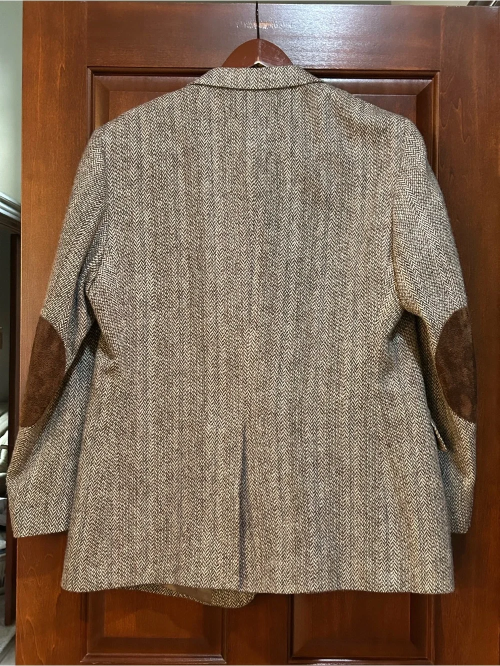 Woolmere 100% Wool Herringbone Sport Coat Elbow Patches Estimated Size 44 46R
